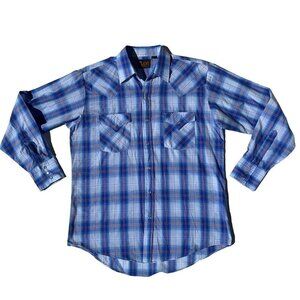 Vintage Plains Western Wear MEDIUM Blue Plaid Pearl Snap Shirt Rodeo Shirt